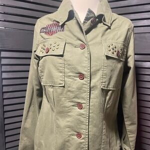Harley Davidson Studded Military Style Jacket Olive Green Womens Size S